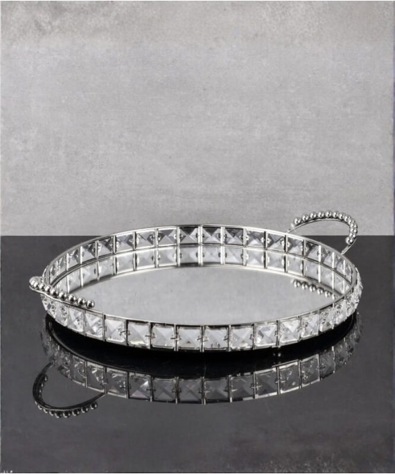 ZEYVE SILVER SQUARE STONE ROUND TRAY LARGE 43x35x6cm